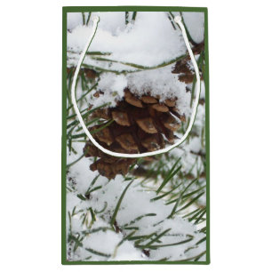 Snowy Pine Cone I Winter Nature Photography Small Gift Bag