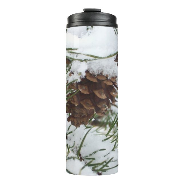 Snowy Pine Cone I Winter Nature Photography Thermal Tumbler (Front)