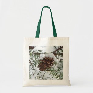 Snowy Pine Cone I Winter Nature Photography Tote Bag