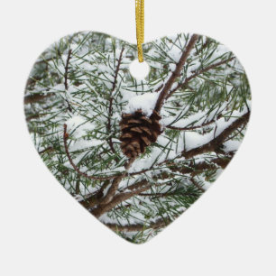 Snowy Pine Cone II Winter Nature Photography Ceramic Tree Decoration