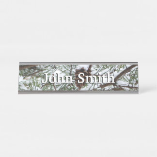 Snowy Pine Cone II Winter Nature Photography Desk Name Plate