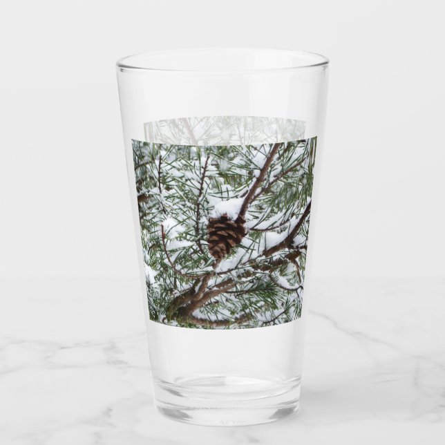 Snowy Pine Cone II Winter Nature Photography Glass (Front)