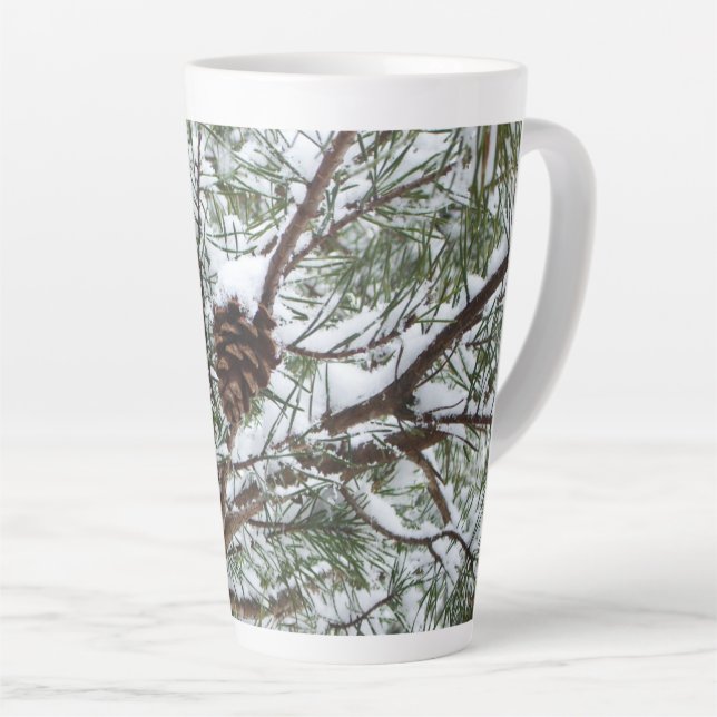 Snowy Pine Cone II Winter Nature Photography Latte Mug (Right Angle)
