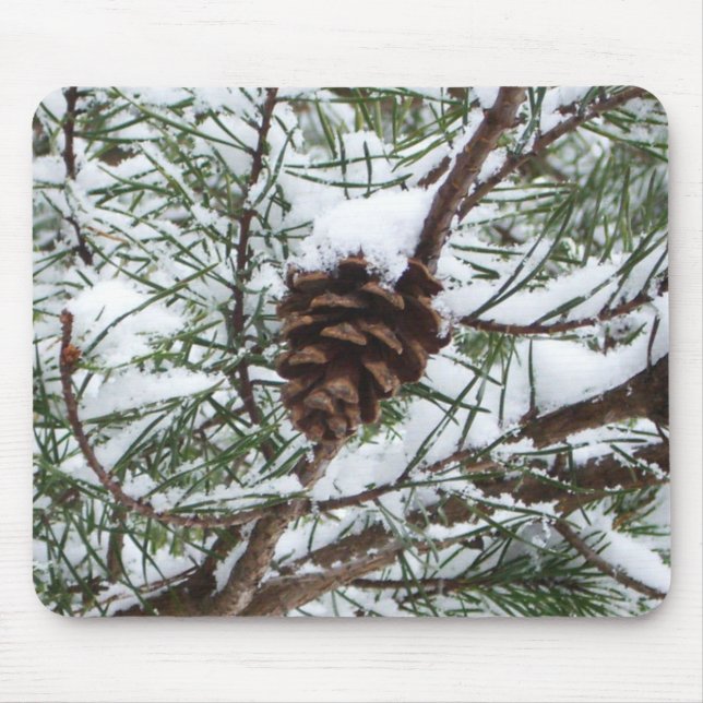 Snowy Pine Cone II Winter Nature Photography Mouse Pad (Front)