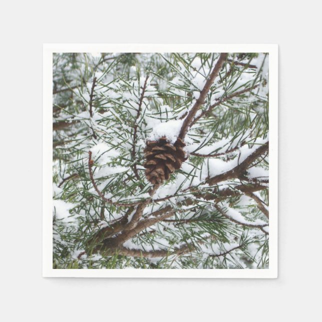 Snowy Pine Cone II Winter Nature Photography Napkin (Front)