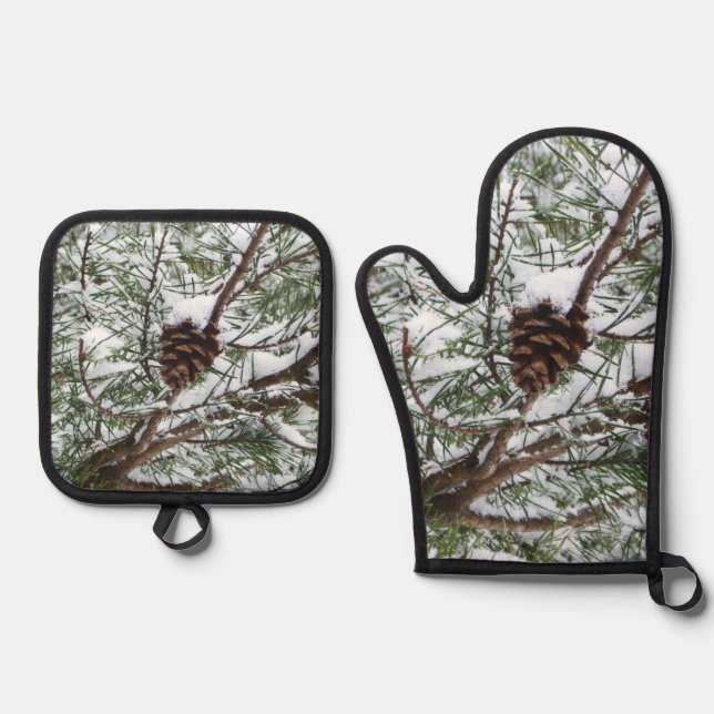 Snowy Pine Cone II Winter Nature Photography Oven Mitt & Pot Holder Set (Front)