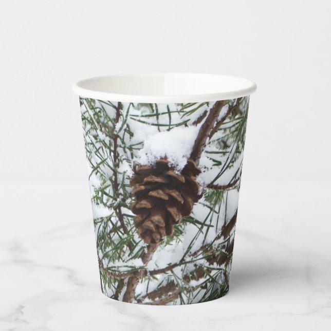 Snowy Pine Cone II Winter Nature Photography Paper Cups (Left)