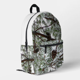 Snowy Pine Cone II Winter Nature Photography Printed Backpack
