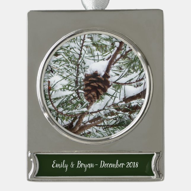 Snowy Pine Cone II Winter Nature Photography Silver Plated Banner Ornament (Front)