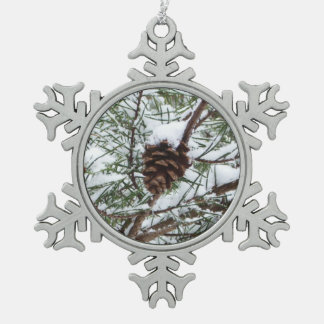 Snowy Pine Cone II Winter Nature Photography Snowflake Pewter Christmas Ornament