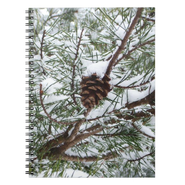 Snowy Pine Cone II Winter Nature Photography Spiral Notebook (Front)