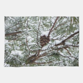 Snowy Pine Cone II Winter Nature Photography Tea Towel