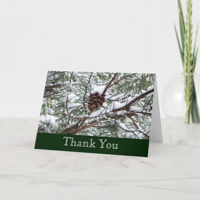 Snowy Pine Cone II Winter Nature Photography Thank You Card (Front)