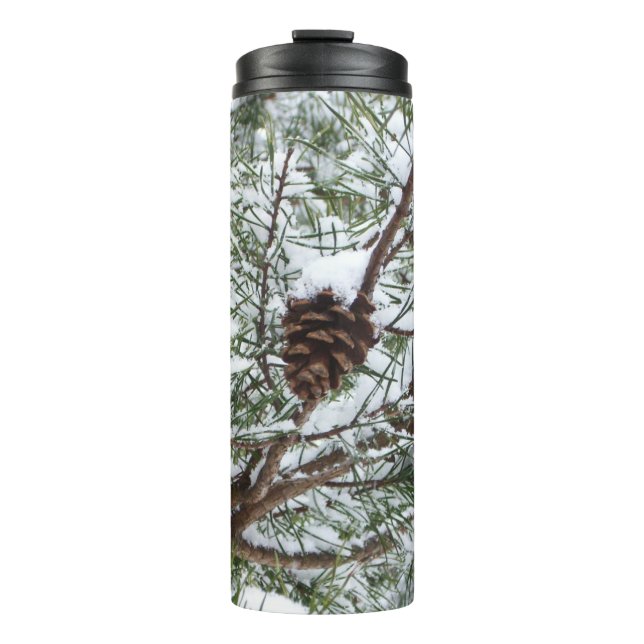 Snowy Pine Cone II Winter Nature Photography Thermal Tumbler (Front)