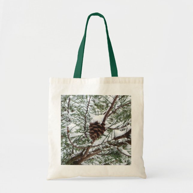 Snowy Pine Cone II Winter Nature Photography Tote Bag (Front)