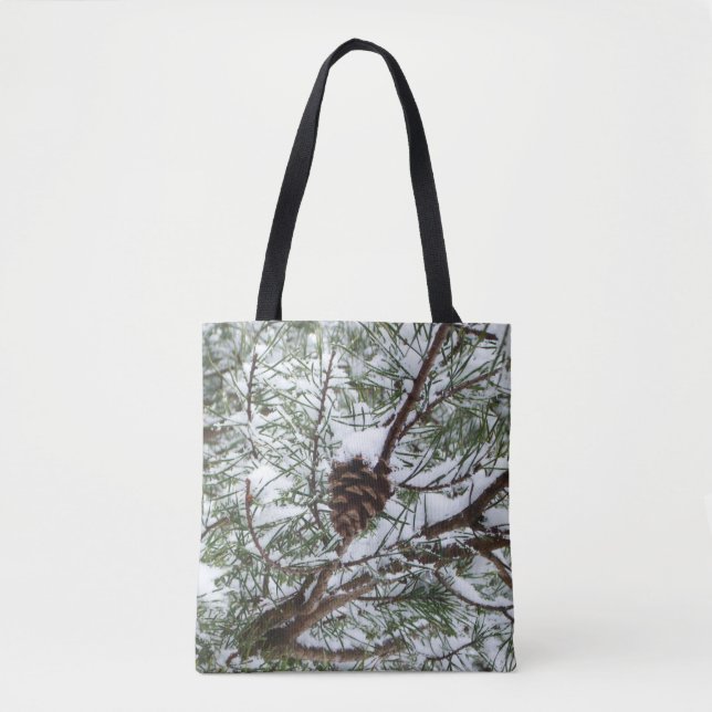 Snowy Pine Cone II Winter Nature Photography Tote Bag (Front)