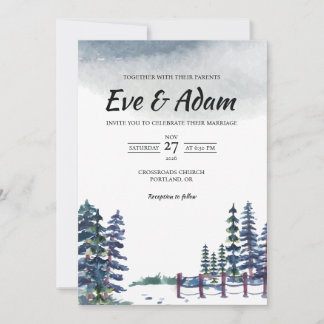 Snowy Pine Fence Rustic Watercolor Winter Wedding Invitation