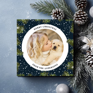 Snowy Pine Foliage Blue Christmas Photo Holiday Card