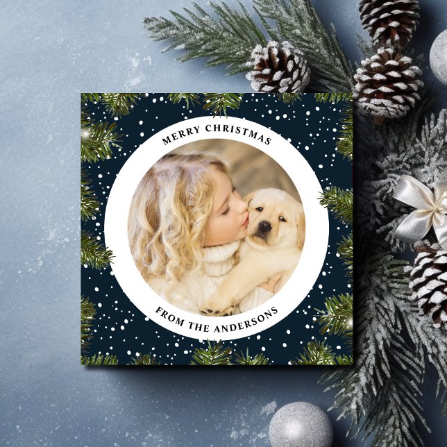 Snowy Pine Foliage Blue Christmas Photo Holiday Card (Creator Uploaded)