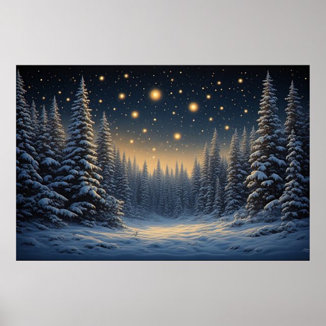 Snowy Pine Forest Under A Starry Night Sky ✨ Cosy  Poster (Front)