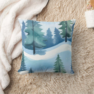 Snowy Pine Forest Winter Watercolor Cushion