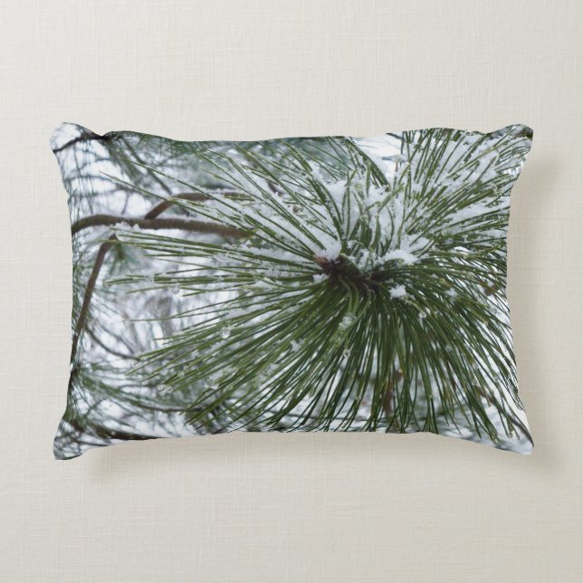 Snowy Pine Needles Winter Nature Photography Decorative Cushion (Front)