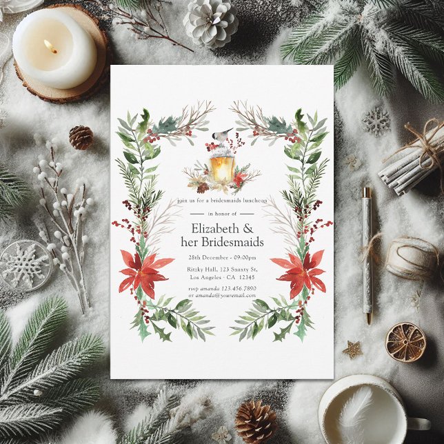 Snowy Pine & Spruce Christmas Bridesmaids Luncheon Invitation (Wintertide Woodland Christmas Bridesmaids Luncheon Invitation)