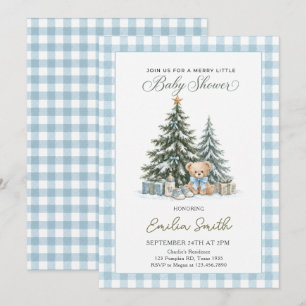 Snowy Pine Teddy Bear Blue Gingham Baby Shower Invitation