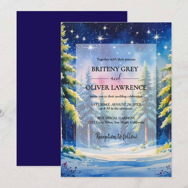 Snowy Pine Tree Forest Watercolor Themed Wedding Invitation (Front/Back)