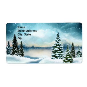 Snowy pine trees near a lake