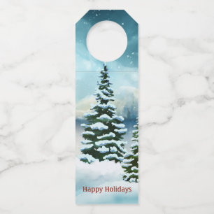 Snowy pine trees near a lake bottle tag