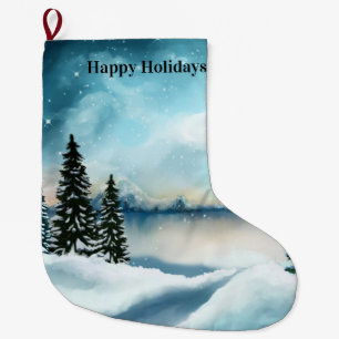 Snowy pine trees near a lake large christmas stocking