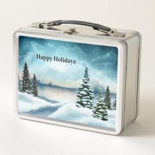Snowy pine trees near a lake metal lunch box