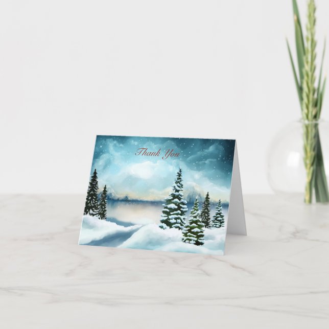 Snowy pine trees near a lake note card (Front)