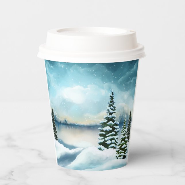 Snowy pine trees near a lake     paper cups (Front)