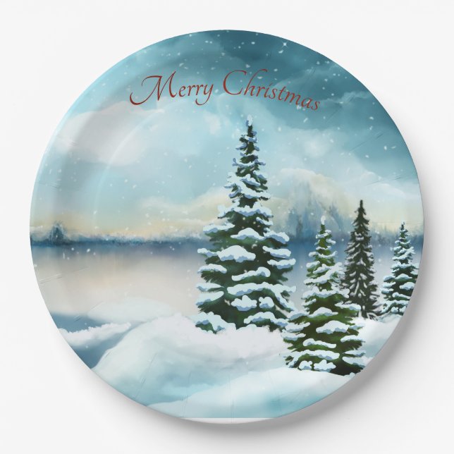 Snowy pine trees near a lake paper plate (Front)