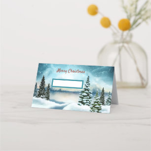 Snowy pine trees near a lake place card