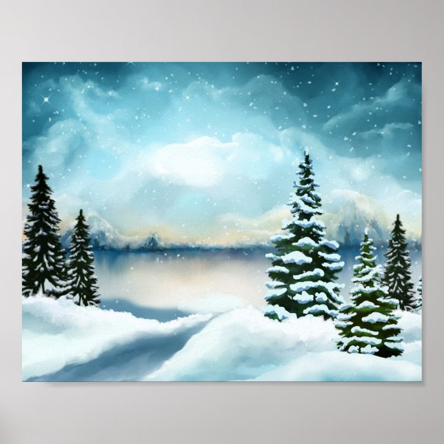 Snowy pine trees near a lake   poster (Front)
