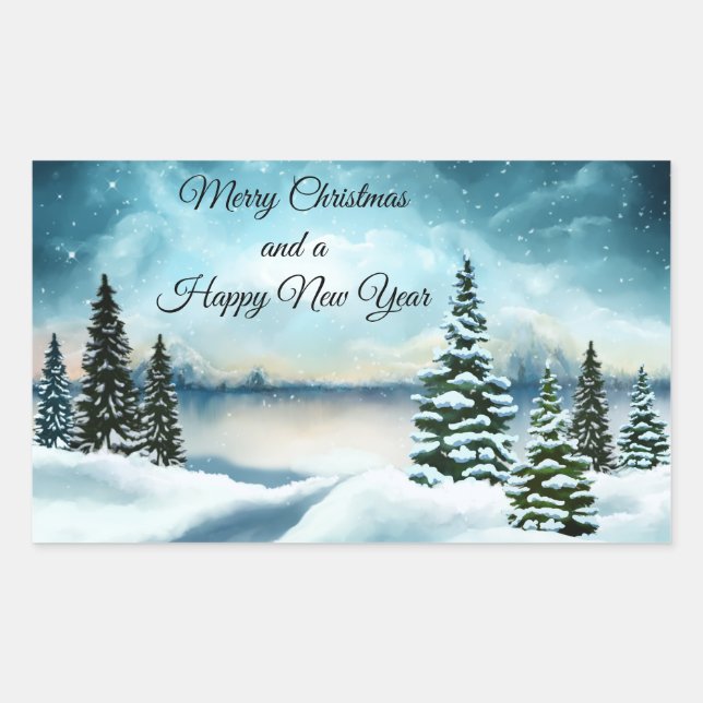 Snowy pine trees near a lake rectangular sticker (Front)