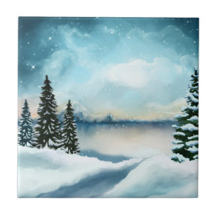 Snowy pine trees near a lake tile