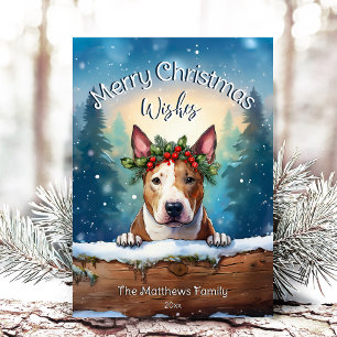 Snowy Pines Peeking Bull Terrier Merry Christmas Holiday Card