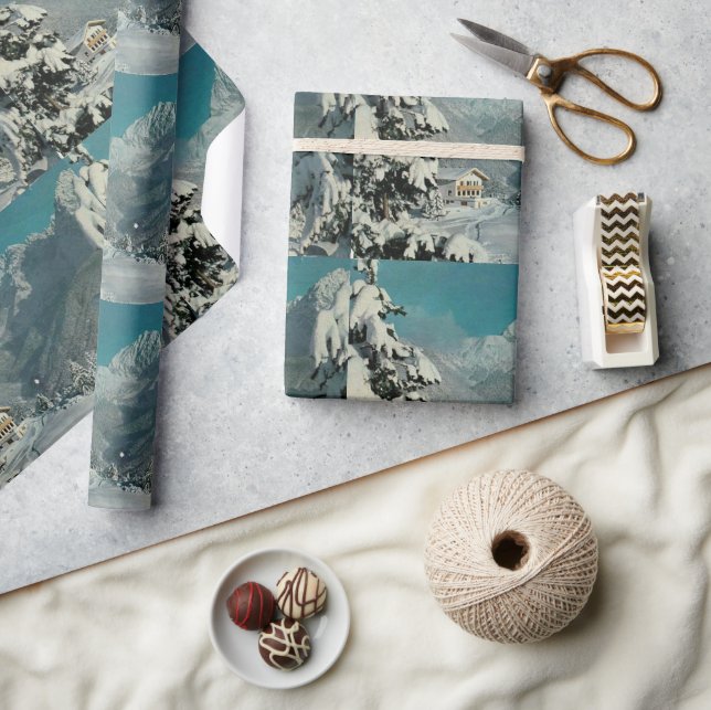 Snowy Pines Vintage Switzerland Chalet Christmas Wrapping Paper (Crafts)