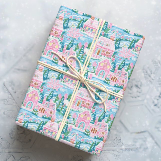 Snowy Pink and Blue Christmas Gingerbread Town Wrapping Paper (Creator Uploaded)