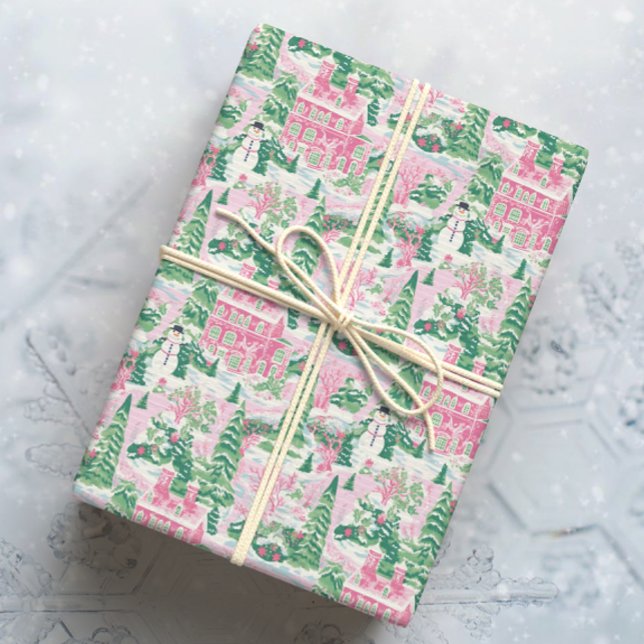 Snowy Pink and Green Christmas Houses Wrapping Paper (Creator Uploaded)