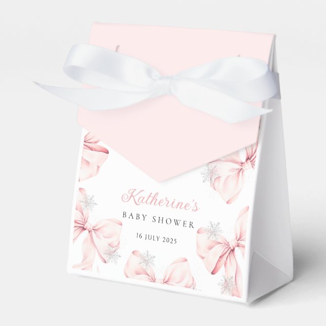 Snowy Pink Bow Baby Shower Favour Box (Front Side)