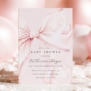 Snowy Pink Bow Winter Baby Shower Invitation