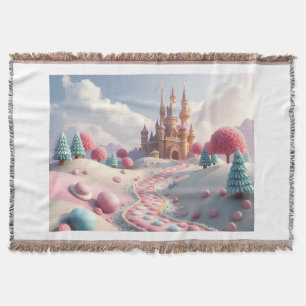 Snowy Pink Candy Land Fairy Castle Throw Blanket