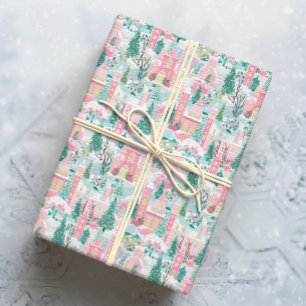 Snowy Pink Christmas Churches Wrapping Paper