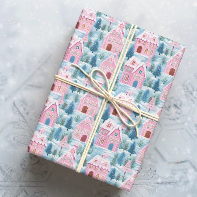 Snowy Pink Christmas Houses Wrapping Paper (Creator Uploaded)