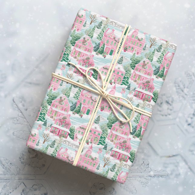 Snowy Pink Christmas Town Wrapping Paper (Creator Uploaded)
